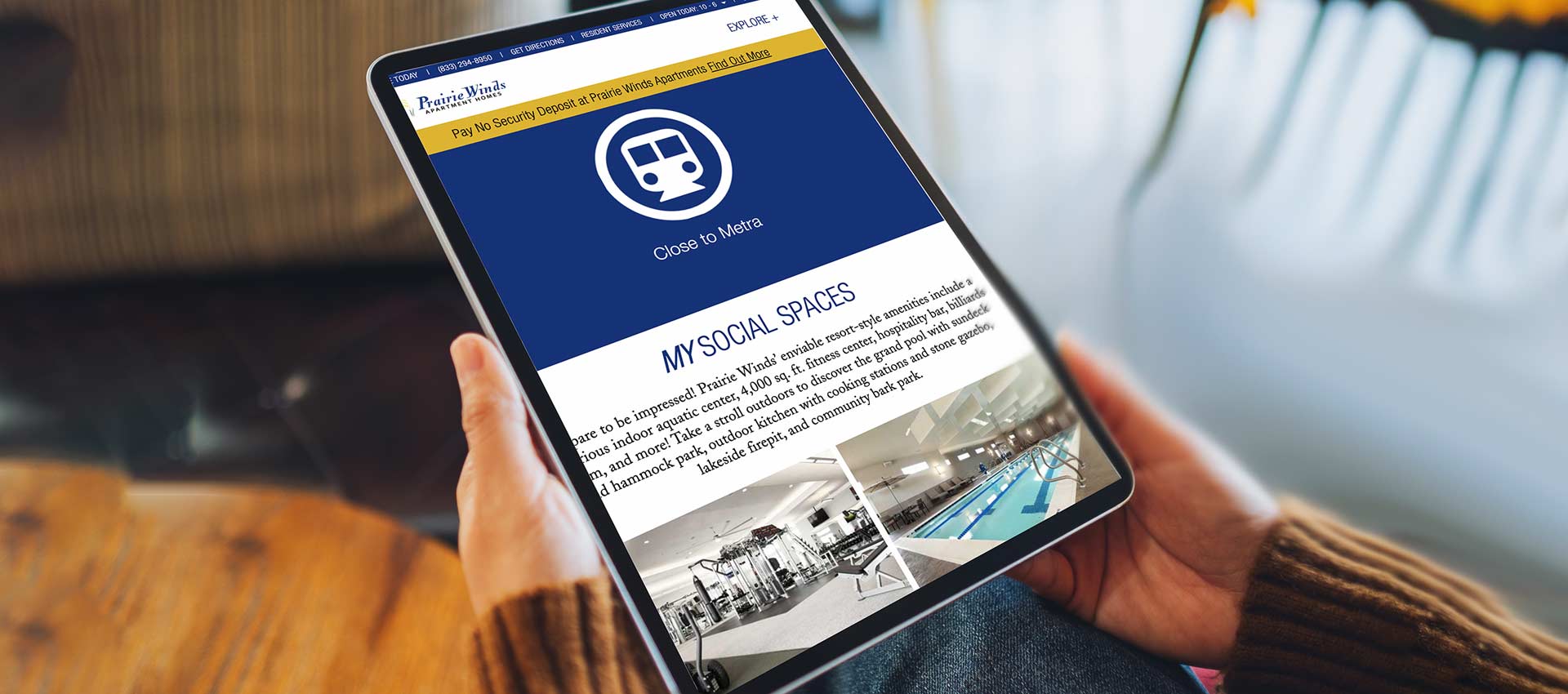 Closeup of the Amenity section of a TLC Suburban Apartment Website displayed on portable device