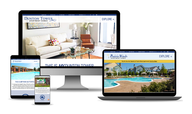 Examples of TLC Suburban Apartment Websites displayed on computer and portable devices