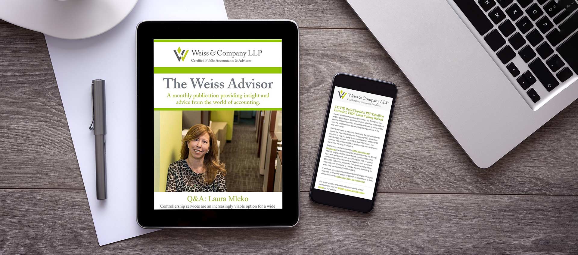 Desk with computer devices showing Weiss & Company LLP Email Marketing Examples