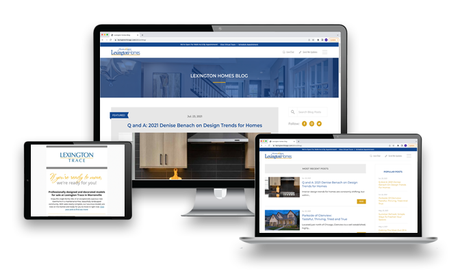 Desktop, laptop, and Tablet with Lexington Homes Digital Marketing Examples