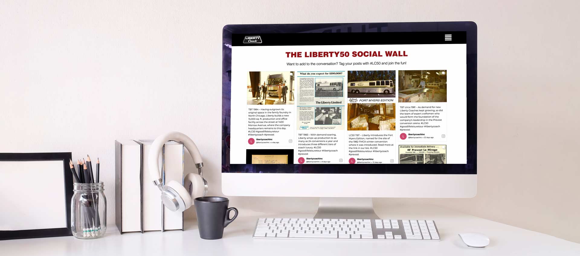 Front view of computer displaying Liberty social wall