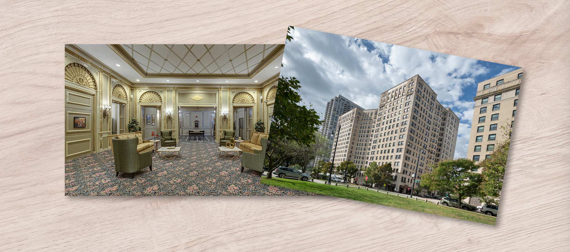 Real estate photos of outside of building and lobby